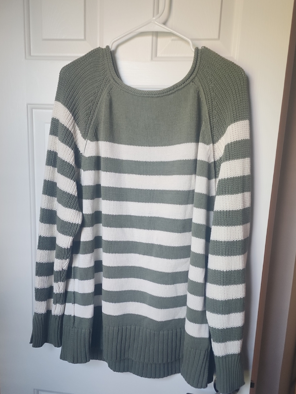 aerie Olive and White Striped Scoop-Neck Sweater